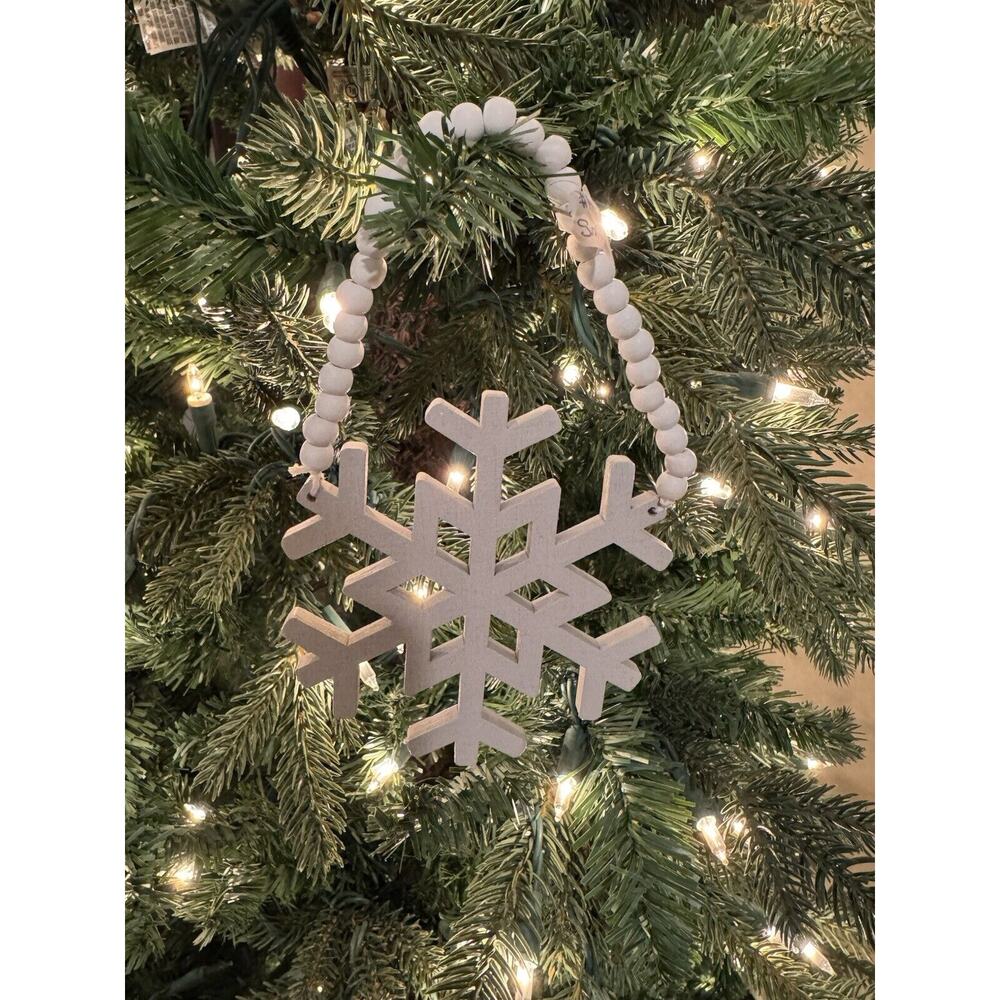 Snowflake Wooden Whitewashed Ornaments Beaded Hanger Set Of 3 New